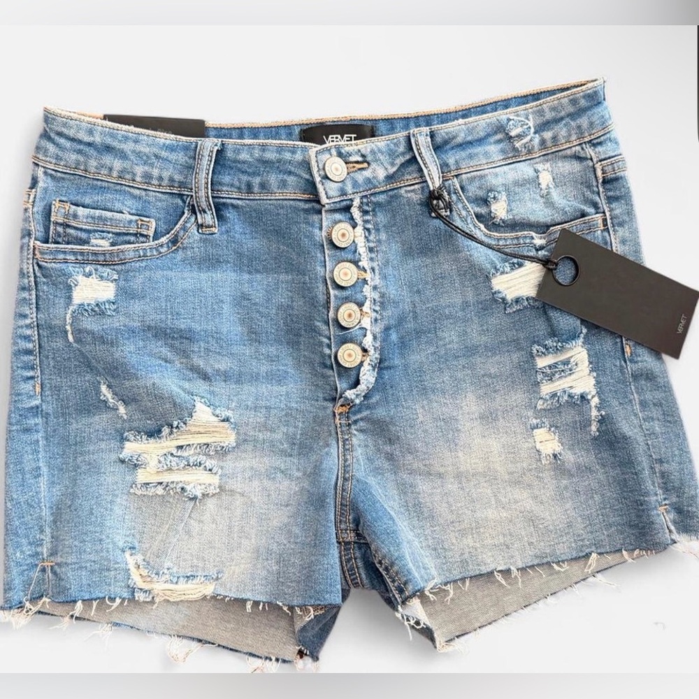 NWT Vervet by Flying Monkey Distressed High Rise Button Fly Denim Shorts - 29